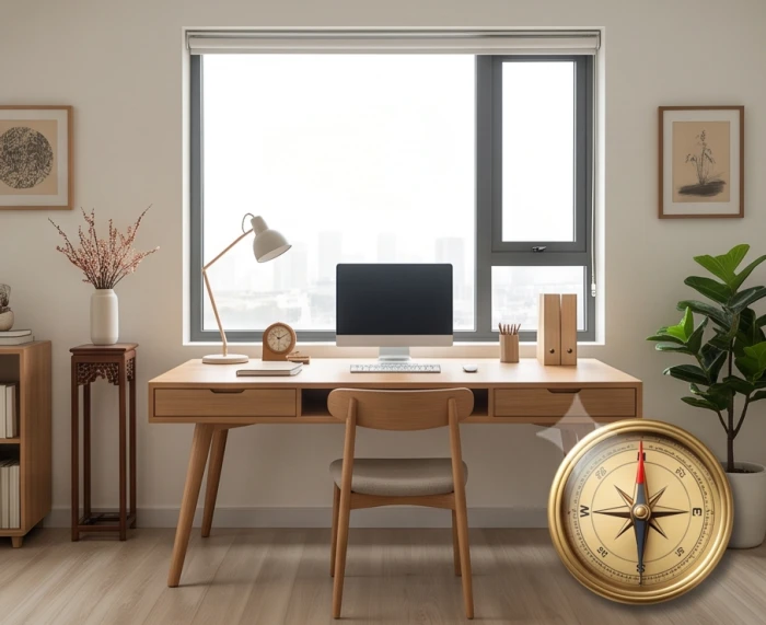 Bàn làm việc gỗ bố trí gọn gàng theo các hướng Đông hoặc Đông Nam hợp phong thủy cung Ly