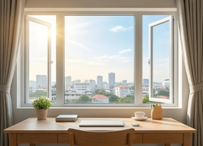 Bàn làm việc bằng gỗ gọn gàng hướng thẳng ra cửa sổ rộng đón luồng sinh khí mạnh mẽ từ phía Đông Bắc