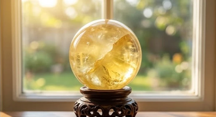 Quả cầu đá thạch anh vàng đặt trên giá đỡ gỗ hướng ra phía cửa sổ đón nắng
