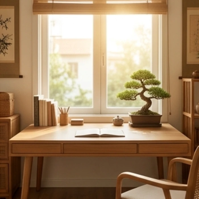 Bàn làm việc bằng gỗ tự nhiên hướng ra cửa sổ ngập tràn ánh sáng nắng sớm trong phòng khách