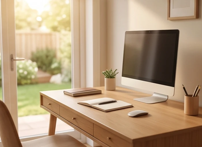 Bàn làm việc bằng gỗ được sắp xếp gọn gàng và đón nhận trọn vẹn ánh sáng tự nhiên từ cửa sổ hướng Sinh Khí
