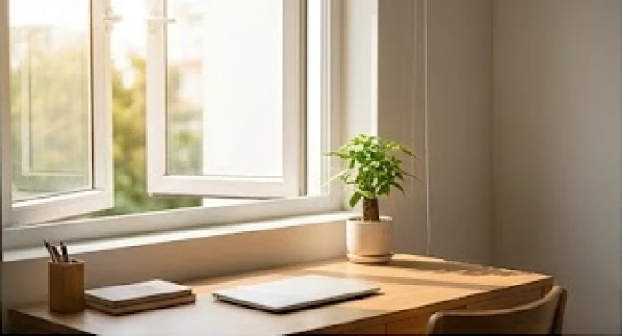Bàn làm việc bằng gỗ tự nhiên đặt cạnh cửa sổ mở về hướng Đông đón trọn ánh sáng mặt trời rực rỡ