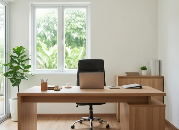 Bàn làm việc gỗ gọn gàng đặt theo hướng Đông Nam đón ánh sáng tự nhiên với lưng tựa vững chắc vào tường phòng