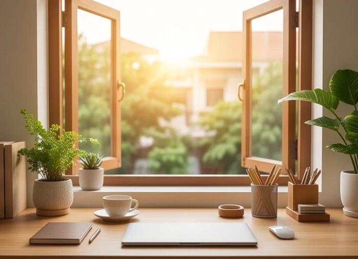 Bàn làm việc gọn gàng bằng gỗ tự nhiên đặt cạnh cửa sổ hướng đông nam đón ánh sáng ban mai