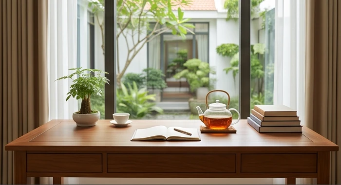 Bàn đọc sách bằng gỗ tự nhiên đặt theo hướng tốt sinh khí giúp nữ mạng tuổi kỷ dậu 1969 thu hút vượng khí