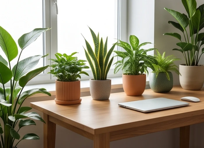 Góc làm việc mộc mạc với nhiều cây xanh dành riêng cho người tuổi Kỷ Tỵ mang ngũ hành Đại Lâm Mộc