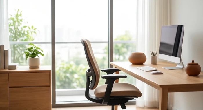 Góc làm việc chuẩn phong thủy được sắp xếp gọn gàng với hướng nhìn ra không gian mở đón ánh sáng