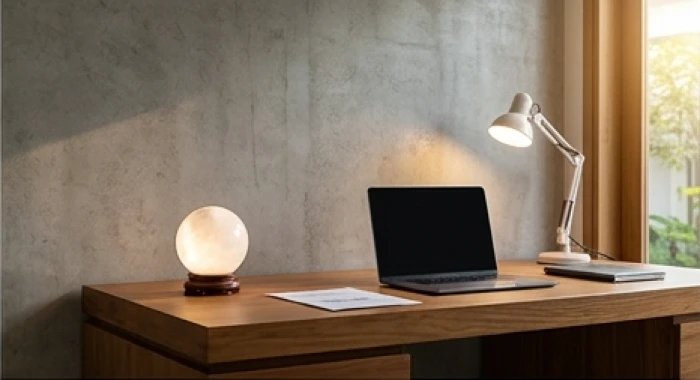 Bàn làm việc gỗ tựa vững vào tường đặt quả cầu thạch anh trắng hợp phong thủy tuổi Quý Mão 1963