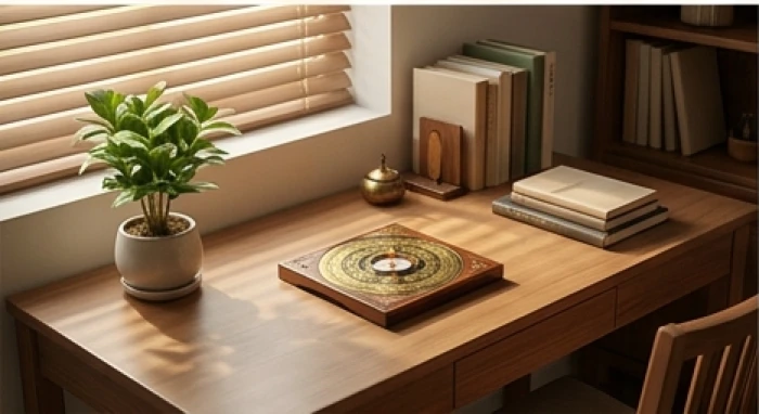Bàn làm việc gọn gàng được định vị tránh hướng chính Nam để hóa giải năng lượng xung khắc Thái Tuế