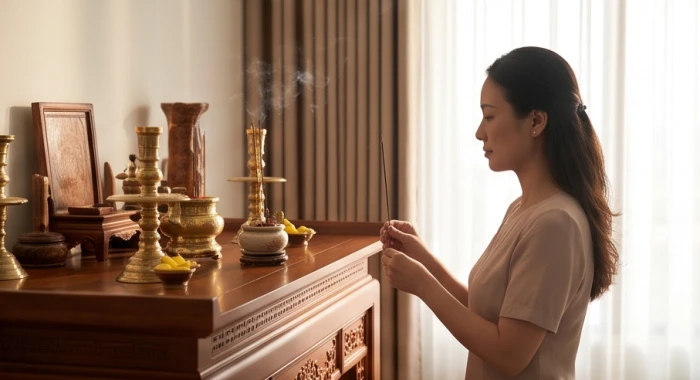 Nữ chủ hộ tuổi Thìn thành kính thắp hương trước bàn thờ gia tiên được bố trí đúng phương vị hợp mệnh