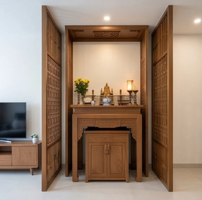 Khu vực bàn thờ gỗ trang nghiêm đặt tại phương vị cát lợi ngăn cách biệt lập với khu phụ cho nhà Bính Tý 1996