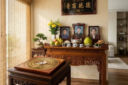 Không gian thờ tự trang nghiêm với la bàn phong thủy giúp gia chủ xác định hướng bàn thờ hợp tuổi dần chuẩn xác