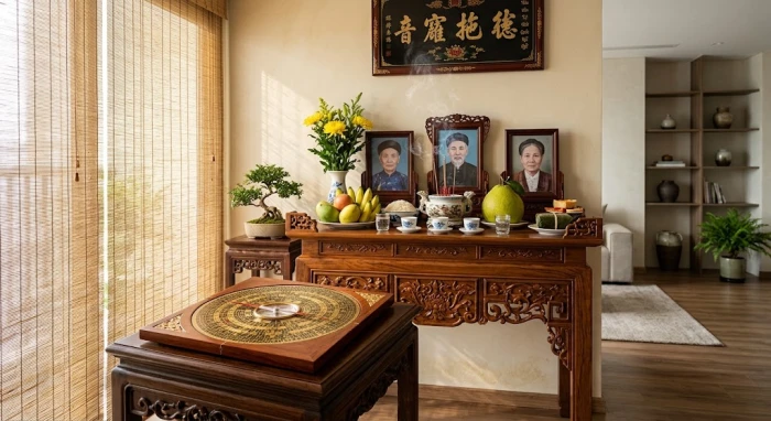Không gian thờ tự trang nghiêm với la bàn phong thủy giúp gia chủ xác định hướng bàn thờ hợp tuổi dần chuẩn xác