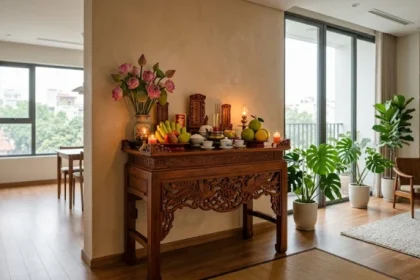 Không gian thờ cúng trang nghiêm với hướng bàn thờ hợp tuổi Dậu giúp gia đình thu hút vượng khí