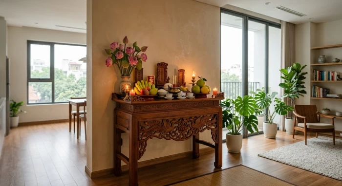 Không gian thờ cúng trang nghiêm với hướng bàn thờ hợp tuổi Dậu giúp gia đình thu hút vượng khí