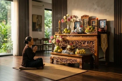 Không gian thờ cúng trang nghiêm được bố trí theo hướng bàn thờ hợp tuổi mão giúp gia chủ đón tài lộc