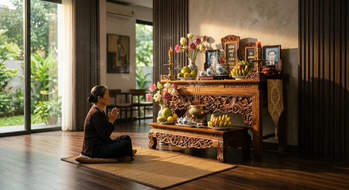Không gian thờ cúng trang nghiêm được bố trí theo hướng bàn thờ hợp tuổi mão giúp gia chủ đón tài lộc