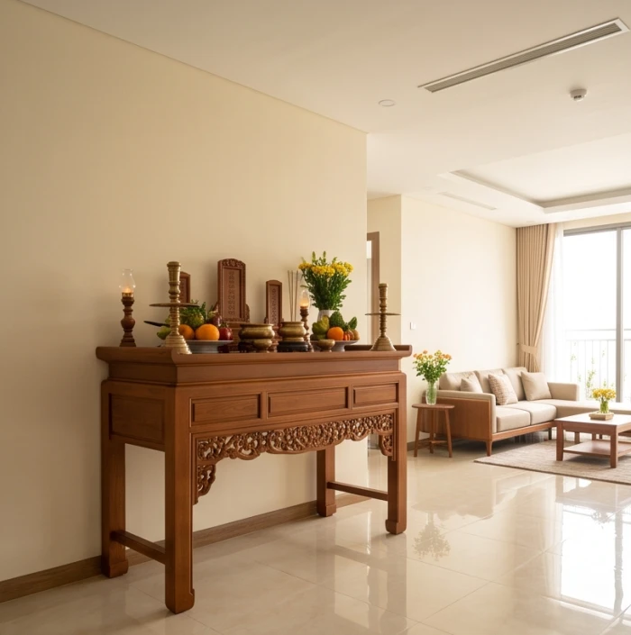 Bố trí gian thờ tựa tường vững chắc gióng theo hướng bàn thờ hợp tuổi mão thu hút cung Sinh Khí cát lợi