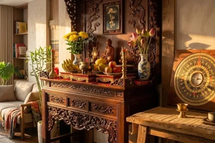 Không gian phòng khách đậm chất Việt Nam với la bàn phong thủy dùng để xác định hướng bàn thờ hợp tuổi mùi