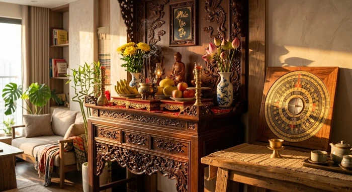 Không gian phòng khách đậm chất Việt Nam với la bàn phong thủy dùng để xác định hướng bàn thờ hợp tuổi mùi