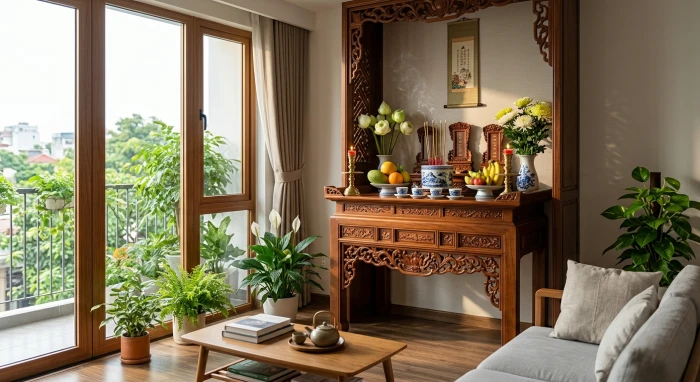 Không gian thờ cúng linh thiêng với cách bố trí hướng bàn thờ hợp tuổi ngọ giúp gia chủ thu hút tài lộc và bình an