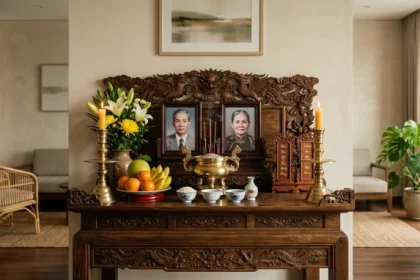 Không gian thờ cúng trang nghiêm được bố trí theo hướng bàn thờ hợp tuổi Sửu giúp gia chủ đón nhận bình an