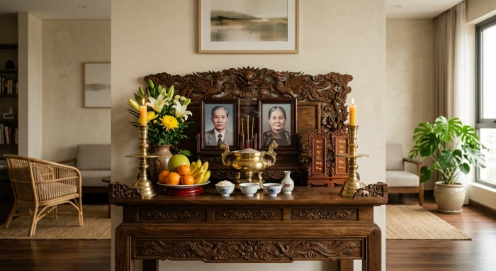 Không gian thờ cúng trang nghiêm được bố trí theo hướng bàn thờ hợp tuổi Sửu giúp gia chủ đón nhận bình an
