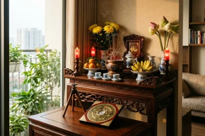 Không gian thờ cúng trang nghiêm với la bàn xác định hướng bàn thờ hợp tuổi tuất theo Bát trạch