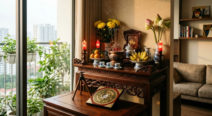 Không gian thờ cúng trang nghiêm với la bàn xác định hướng bàn thờ hợp tuổi tuất theo Bát trạch