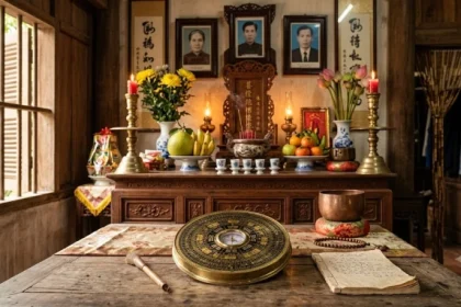 Không gian phòng thờ trang nghiêm với la bàn phong thủy giúp xác định hướng bàn thờ hợp tuổi tỵ chuẩn xác nhất