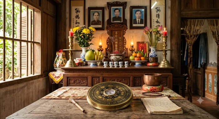 Không gian phòng thờ trang nghiêm với la bàn phong thủy giúp xác định hướng bàn thờ hợp tuổi tỵ chuẩn xác nhất
