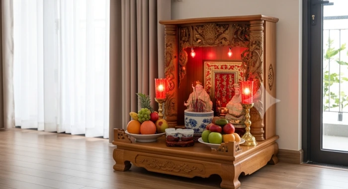Bàn thờ thần tài trang nghiêm đặt tiếp giáp mặt đất tựa lưng vào tường vững chắc xoay ra hướng cát đón tài lộc