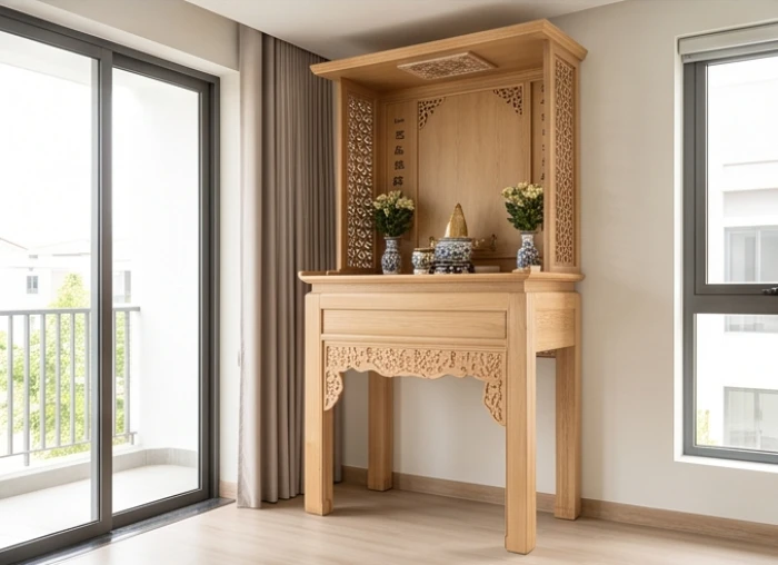 Bàn thờ gia tiên bằng gỗ tự nhiên đặt trang trọng trong phòng khách với đầy đủ ánh sáng tự nhiên