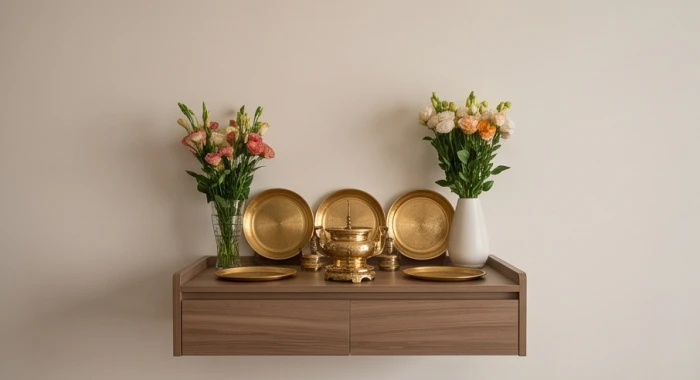 Thiết kế tủ thờ gọn gàng hướng về phía đông bắc trong căn hộ chung cư hiện đại của nam gia chủ tuổi quý dậu
