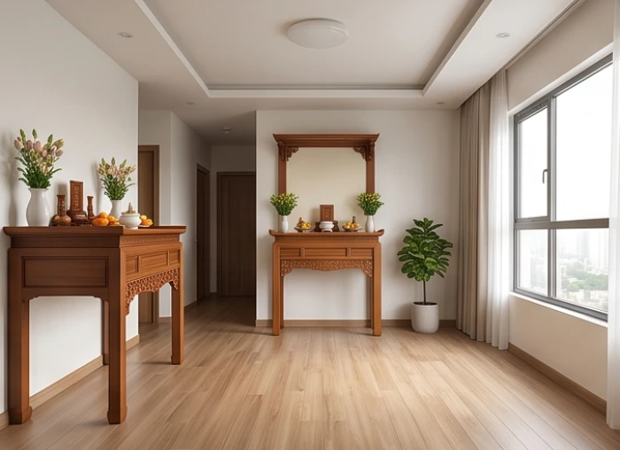 Khoảng trống minh đường thoáng đãng phía trước tủ thờ gỗ giúp thu hút năng lượng cát lợi