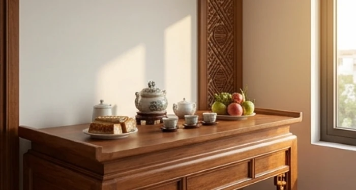 Án gian thờ gỗ gõ đỏ nhìn về hướng Sinh Khí đón nhận ánh sáng tự nhiên và luồng khí cát lành