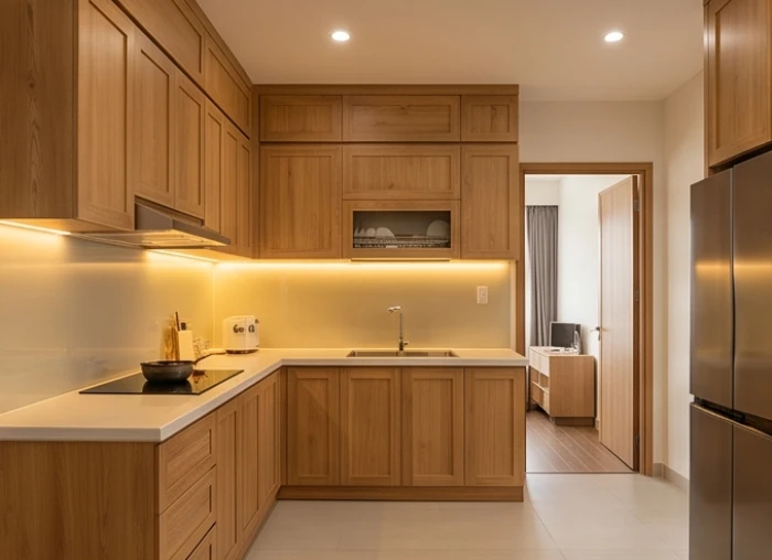 Không gian nấu nướng thoáng đãng với tủ bếp gỗ tự nhiên được thiết kế phù hợp cho gia chủ lớn tuổi Kỷ Hợi
