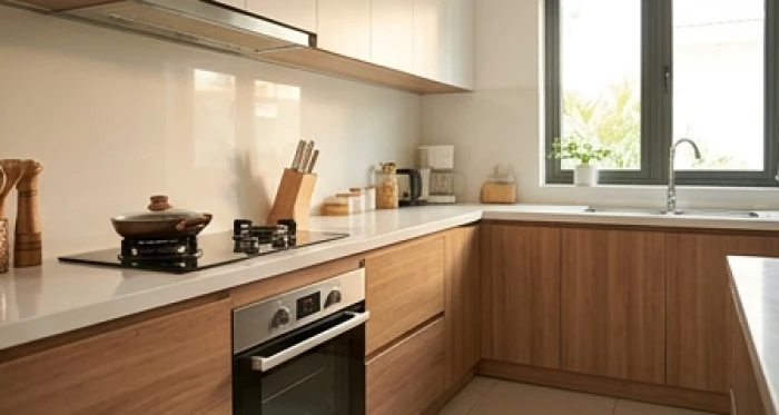 Gian bếp gọn gàng đón ánh sáng tự nhiên với bếp nấu được đặt đúng phương vị tốt