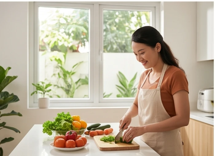 Nữ gia chủ Giáp Tý 1984 chuẩn bị bữa ăn tại căn bếp quay về hướng Tây Nam giúp thu hút cát khí hưng vượng