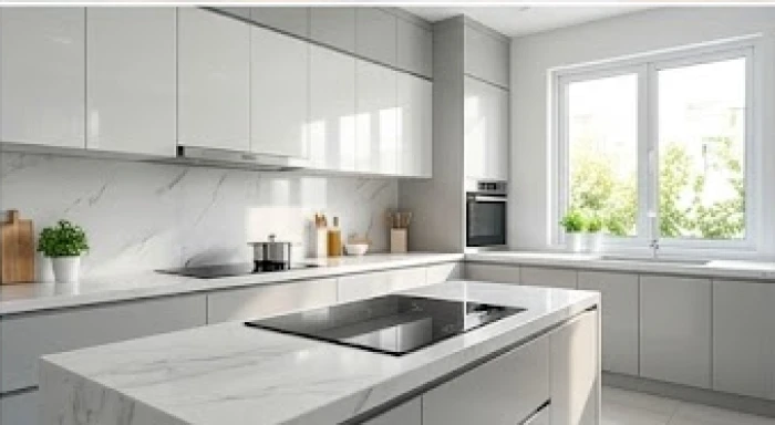 Căn bếp hiện đại có tông màu trắng xám với hướng bếp từ được thiết kế chuẩn nguyên tắc tọa hung hướng cát