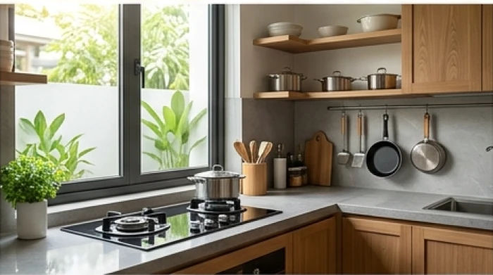 Khu vực bếp nấu đặt tại góc Tây Bắc và xoay mặt bếp về phía Đông theo nguyên tắc tọa hung hướng cát tuổi 1964