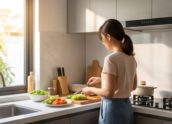 Người phụ nữ đang nấu ăn trong không gian bếp hiện đại với lưng quay về hướng tốt theo quy tắc phong thủy