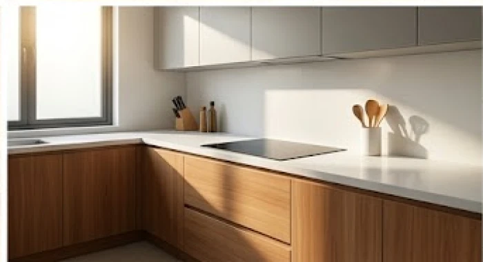 Căn bếp gọn gàng với hệ tủ gỗ ấm cúng và bếp từ hiện đại được bố trí quay về hướng đón ánh sáng ban mai.