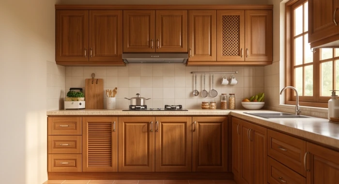 Khu vực bếp nấu gọn gàng trong gian nhà truyền thống được bố trí miệng bếp quay về hướng tốt lành