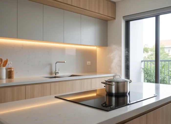 Không gian bếp nấu sạch sẽ của gia chủ tuổi giáp tuất được bố trí hướng đón cát khí diên niên
