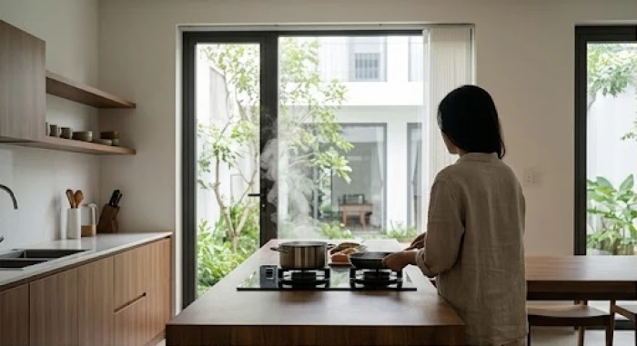 Người nội trợ đứng nấu ăn tại gian bếp hiện đại với lưng quay về hướng sinh khí để khắc chế sát khí