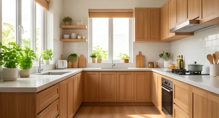 Không gian bếp hiện đại sạch sẽ bố trí hợp phong thủy theo hướng Sinh Khí đem lại sự bình an cho ngôi nhà