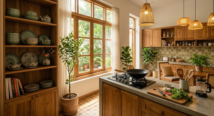 Gian bếp ấm cúng mang phong cách Việt Nam với thiết kế chuẩn hướng bếp hợp tuổi dần giúp thu hút tài lộc