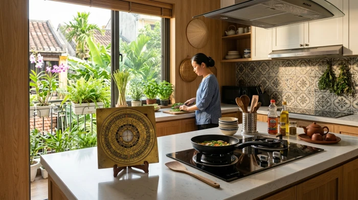 Căn bếp hiện đại tại Việt Nam được đo đạc la bàn cẩn thận để chọn hướng bếp hợp tuổi mùi chuẩn phong thủy