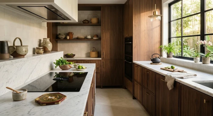 Không gian bếp hiện đại mang phong cách kiến trúc Việt Nam được thiết kế vị trí và hướng bếp hợp tuổi thân